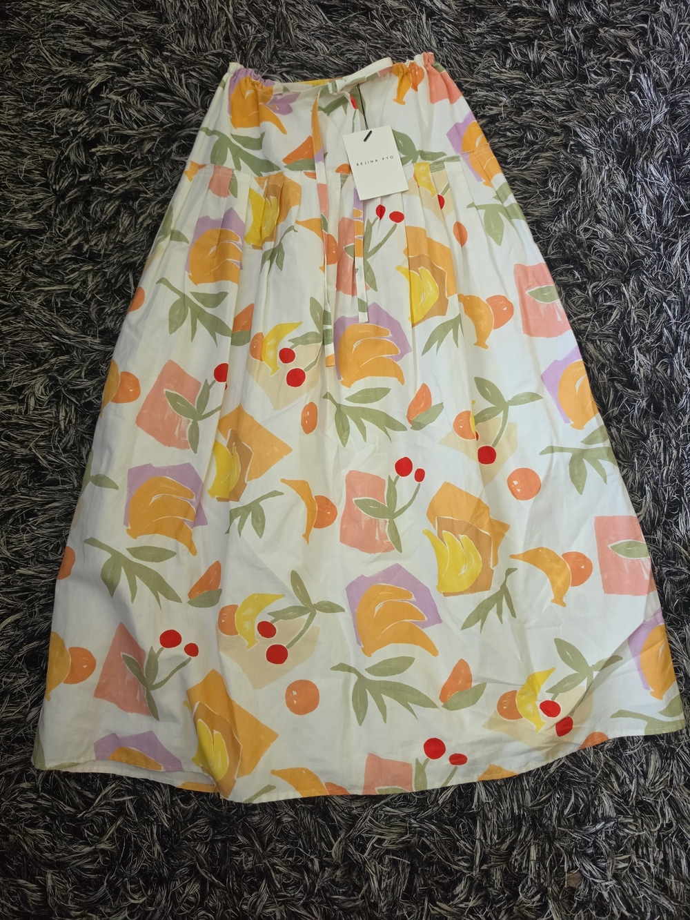 Rejina Pyo White Maxi Skirt with Yellow, Orange, Pink & Red Fruit Print